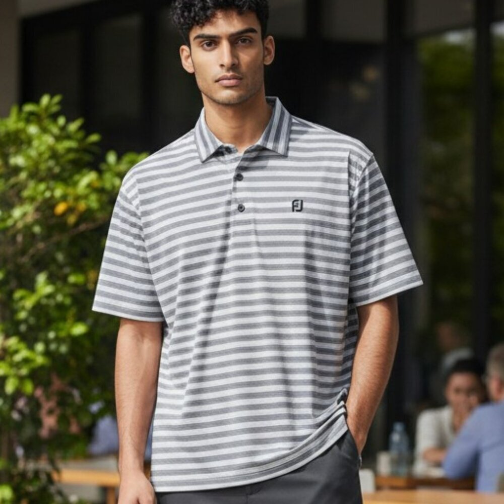 FootJoy Mens Medium Gray Striped Short Sleeve Collared Golf Polo Shirt Size M